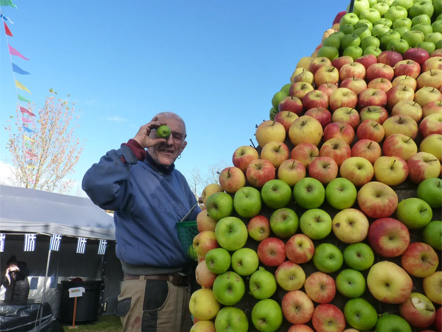 Un bénévole pose fièrement devant la pyramide de pommes.